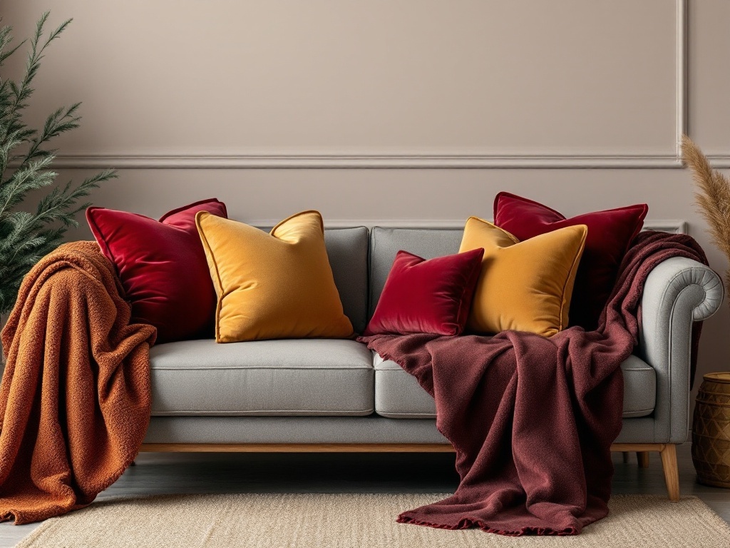 A cozy sofa with velvet pillows and a throw blanket in rich colors, perfect for holiday decor.