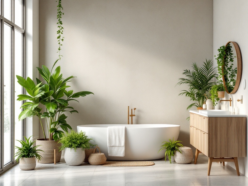 A modern bathroom featuring a large soaking tub, wooden vanity, and various indoor plants, creating a nature-inspired atmosphere.