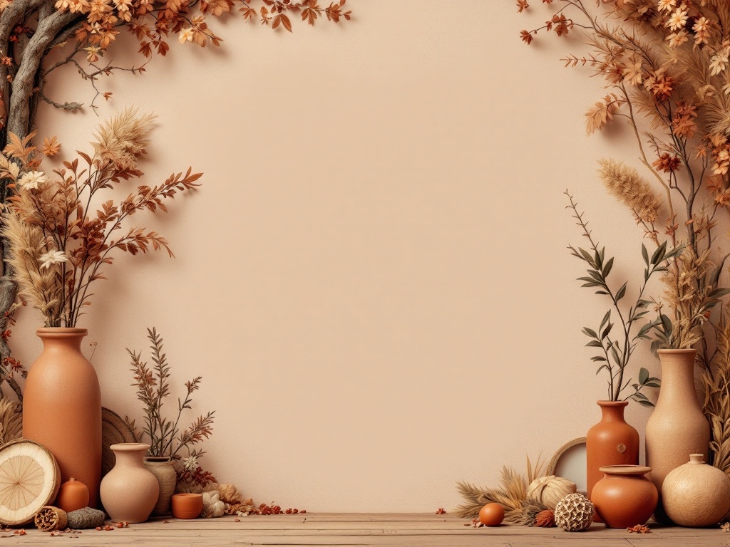 An arrangement of terracotta pots and natural foliage on a wooden surface