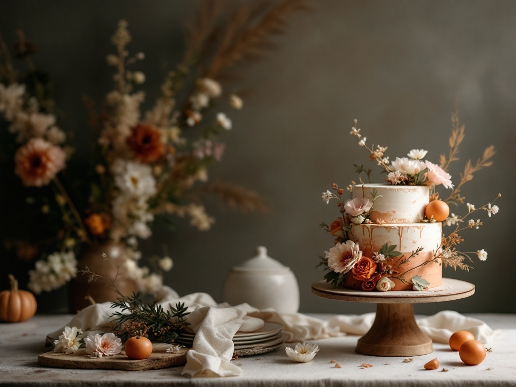 A three-tier wedding cake with terracotta accents, adorned with flowers and greenery, set on a wooden cake stand.