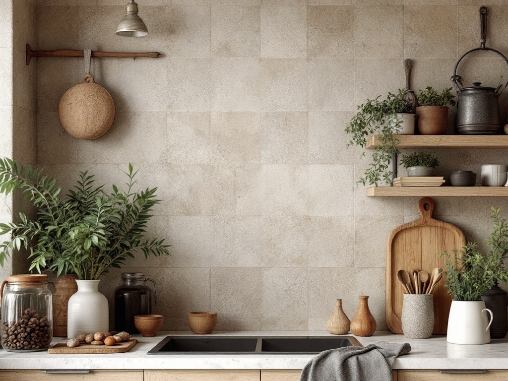 A rustic kitchen with a neutral tile backsplash, wooden shelves, and decorative plants.