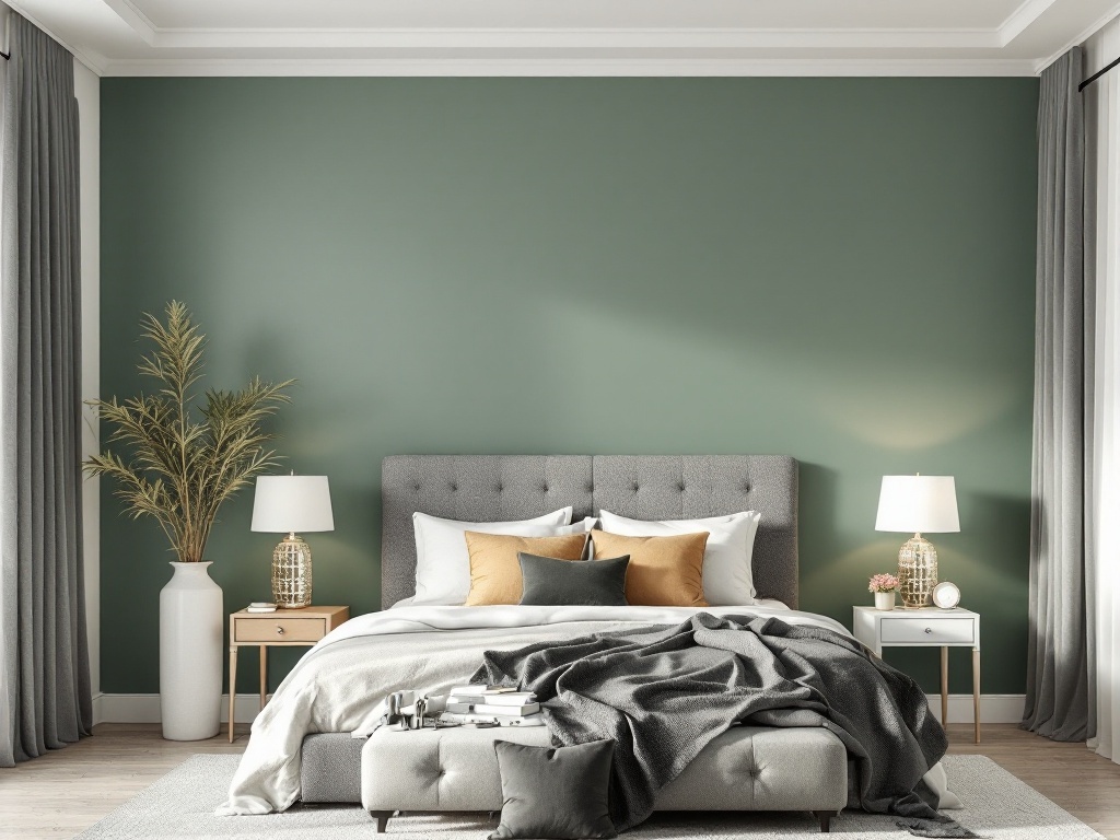 A stylish bedroom featuring a sage green accent wall, gray bedding, and warm decorative accents.