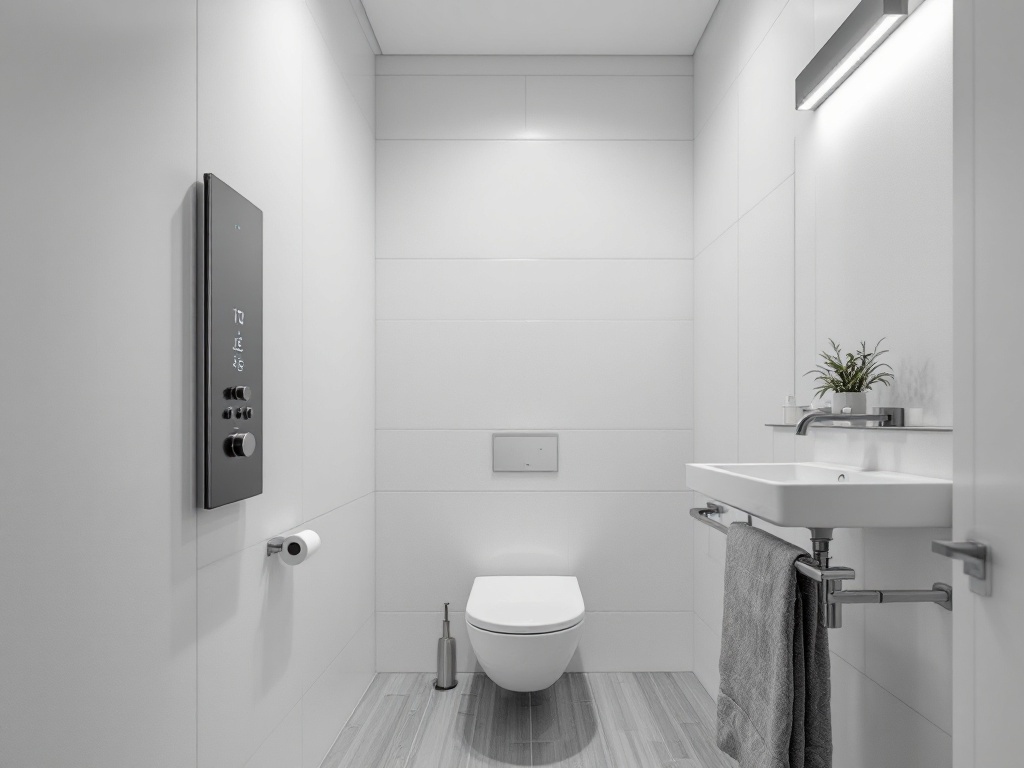 A narrow bathroom featuring a wall-mounted control panel, modern toilet, sink, and a small plant.