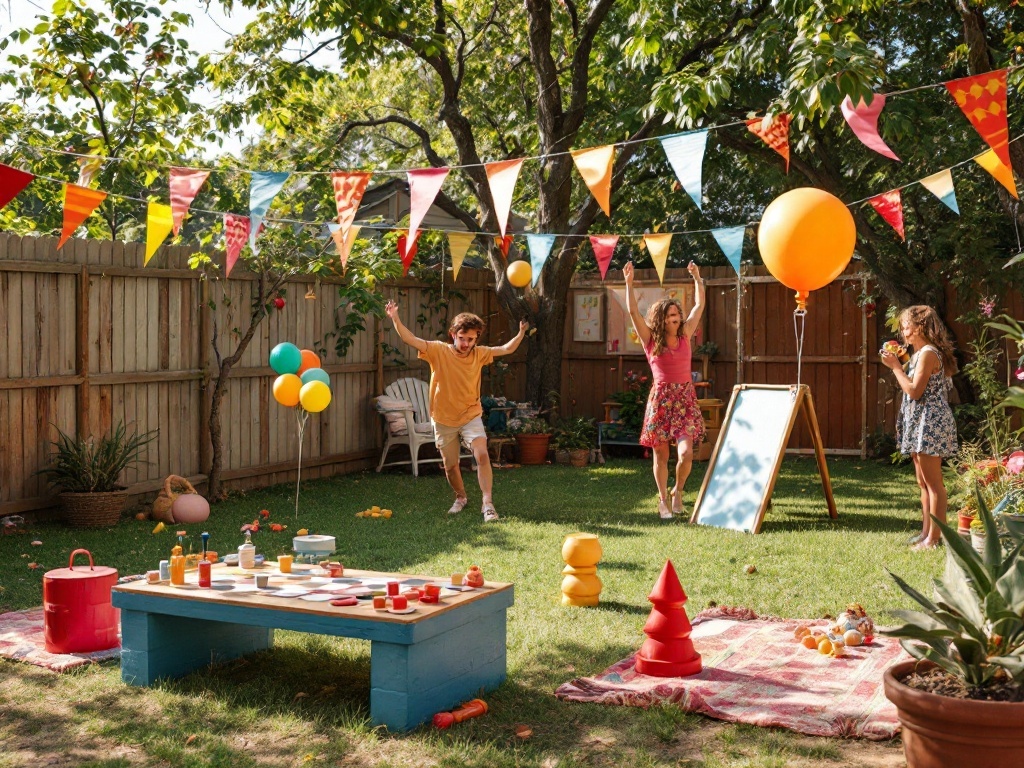 A lively backyard wedding setup with colorful decorations, balloons, and guests enjoying outdoor games.