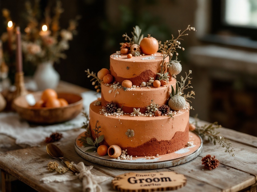 A three-tiered terracotta-inspired groom's cake decorated with pumpkins and dried flowers.