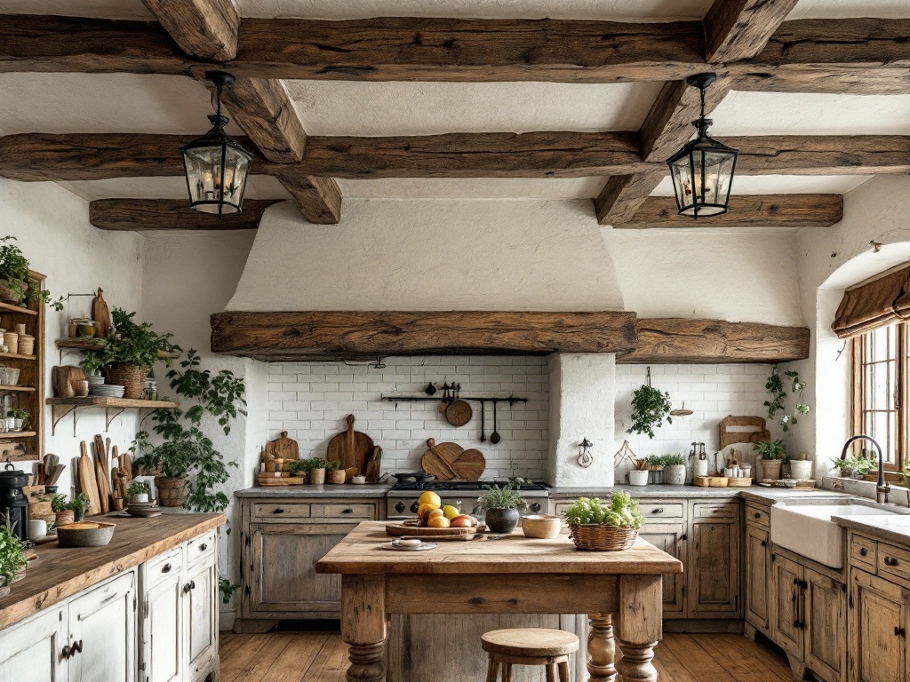 Rustic kitchen with wooden ceiling beams and natural decor