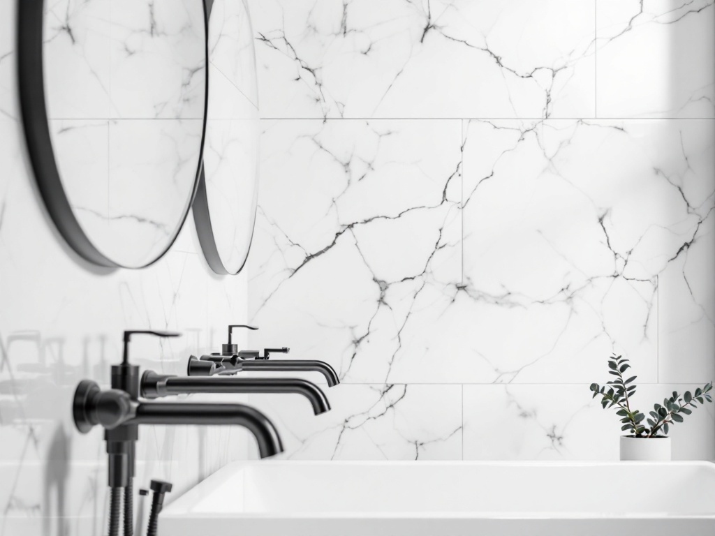 Modern bathroom with black fixtures and marble walls