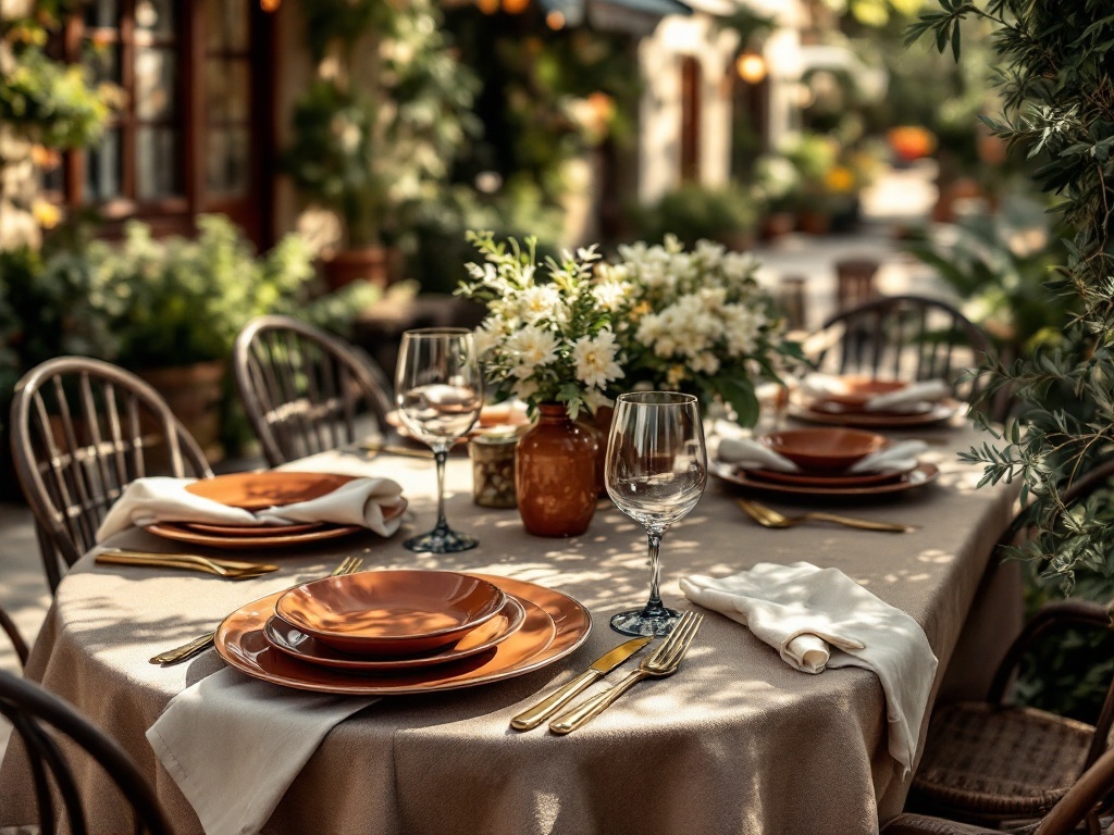 A beautifully set outdoor table featuring terracotta plates, elegant glassware, and fresh flowers in a terracotta vase.