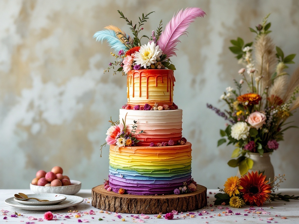 A colorful boho wedding cake with rainbow layers, topped with flowers and feathers.