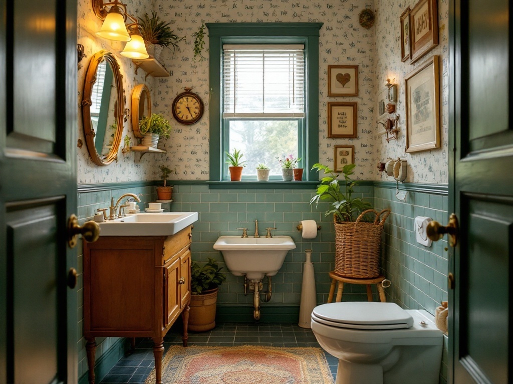 A narrow bathroom featuring vintage decor, wooden vanity, green tiles, plants, and wall art.