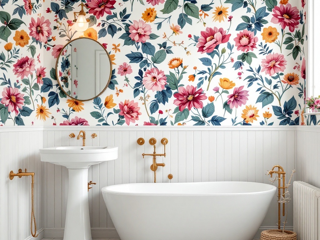 A bright bathroom featuring bold floral wallpaper with pink and yellow flowers, a round mirror, and elegant white and gold fixtures.