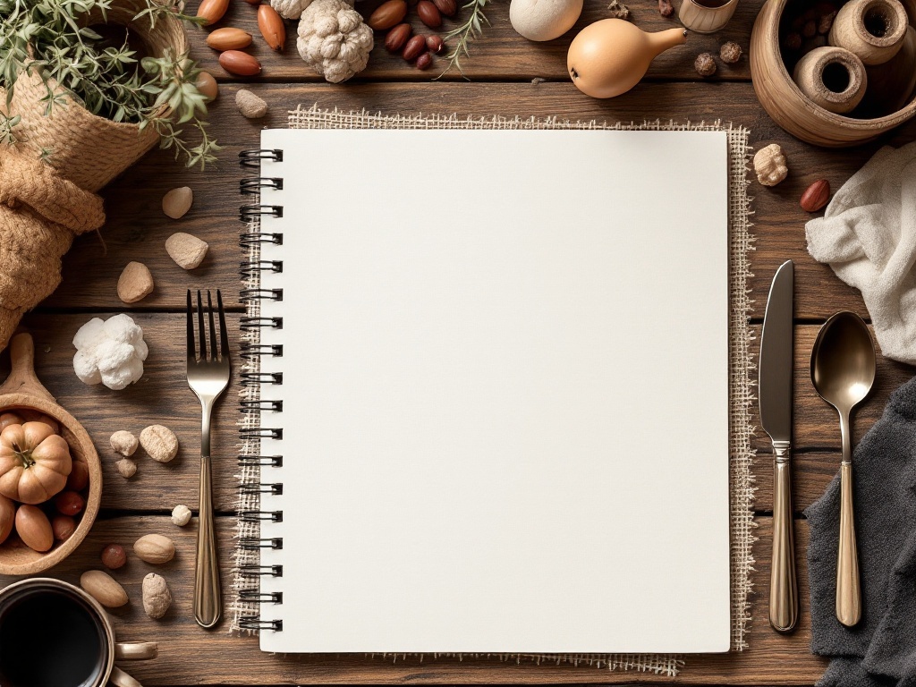 Rustic table setting with natural elements, including nuts, seeds, cutlery, and a blank notebook on a wooden table.