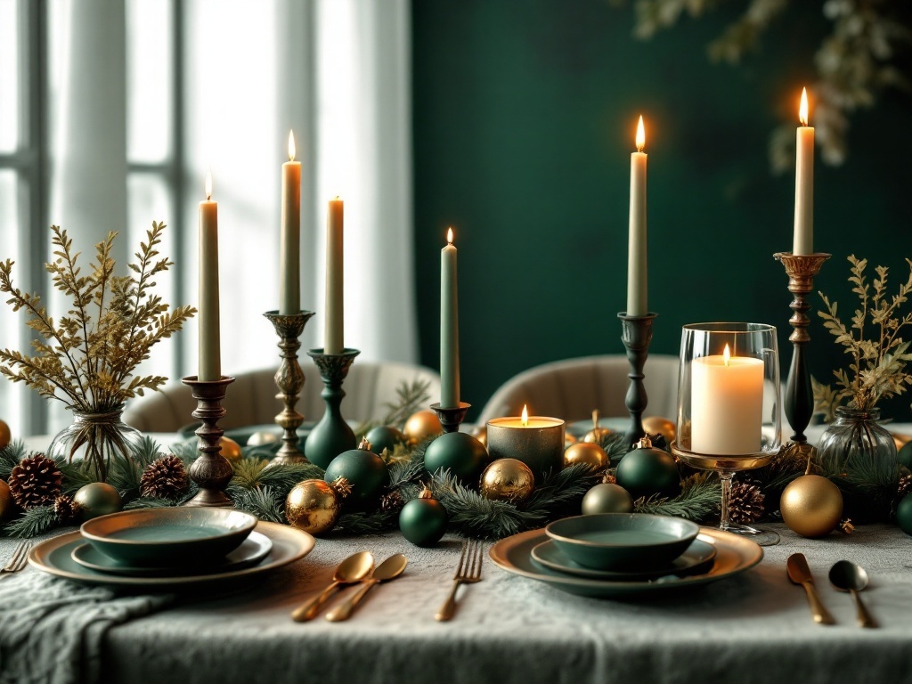 A beautifully set table featuring dark green and gold accents, with candles, ornaments, and greenery for a festive holiday decor.