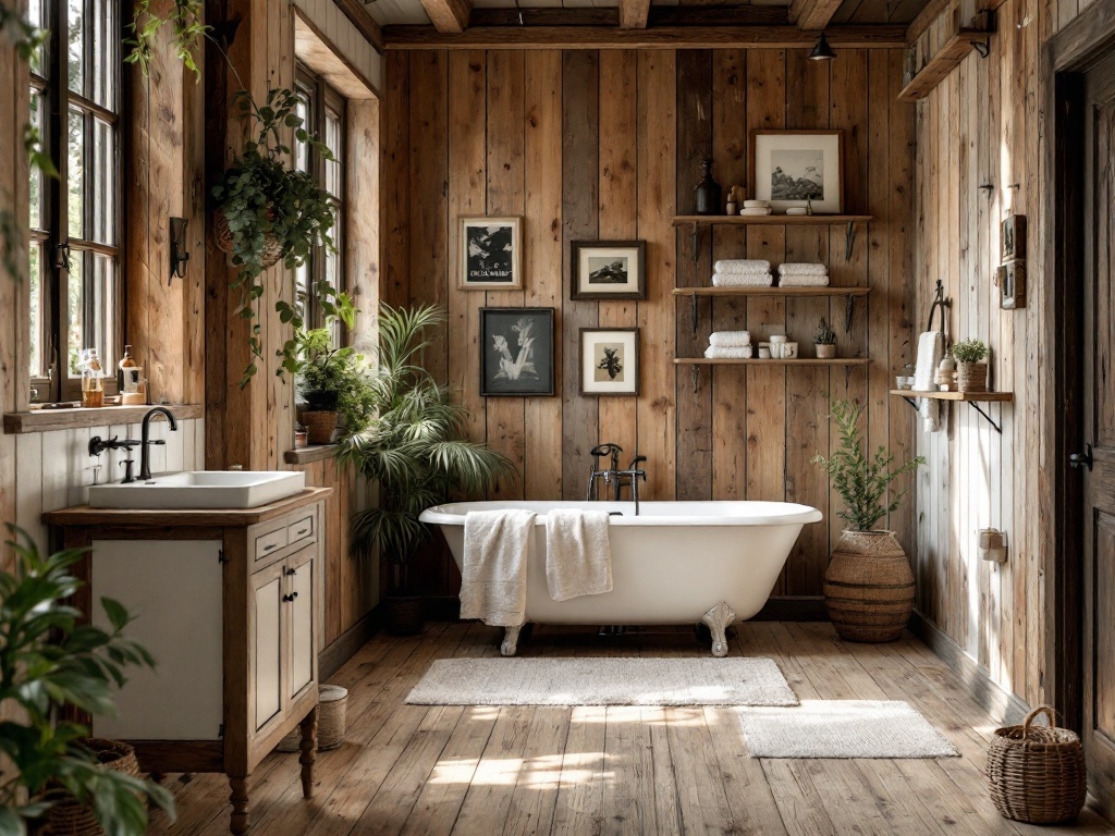 A rustic bathroom with wooden walls, a freestanding bathtub, and plants.