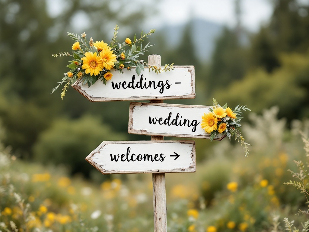 Wooden wedding signage with yellow flowers and greenery