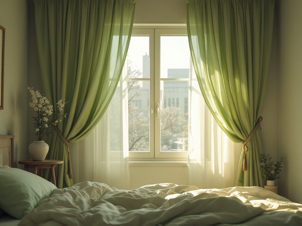 A bedroom with sage green curtains, soft bedding, and a wooden nightstand with flowers.