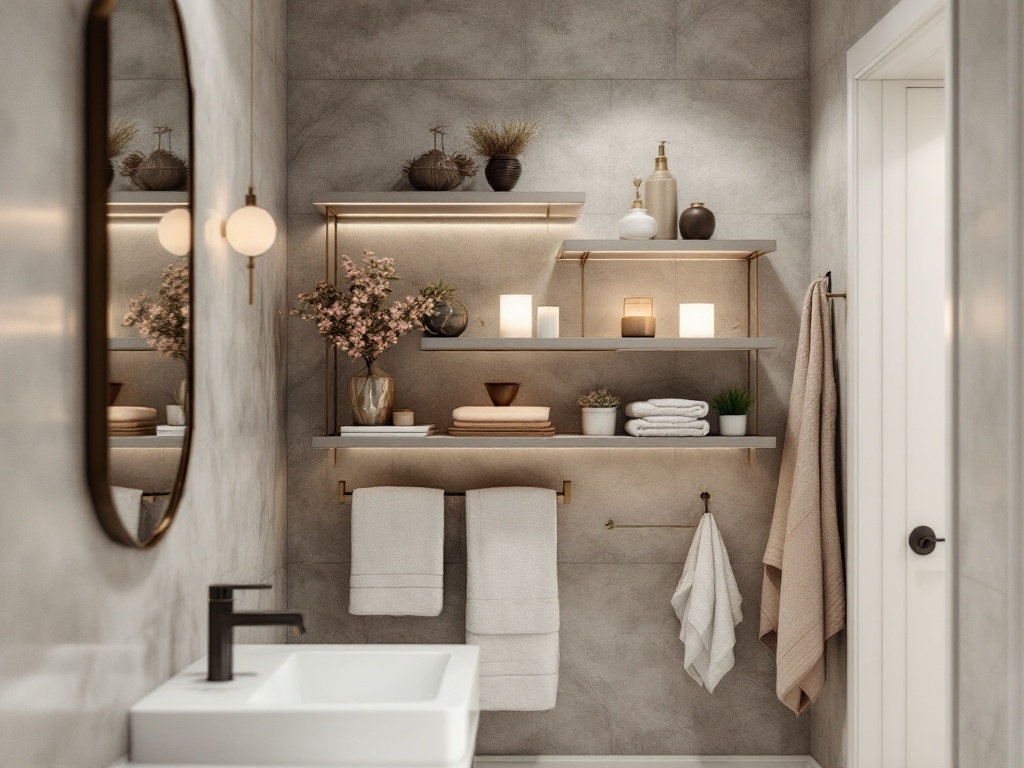 A narrow bathroom featuring floating shelves with decorative items and towels.