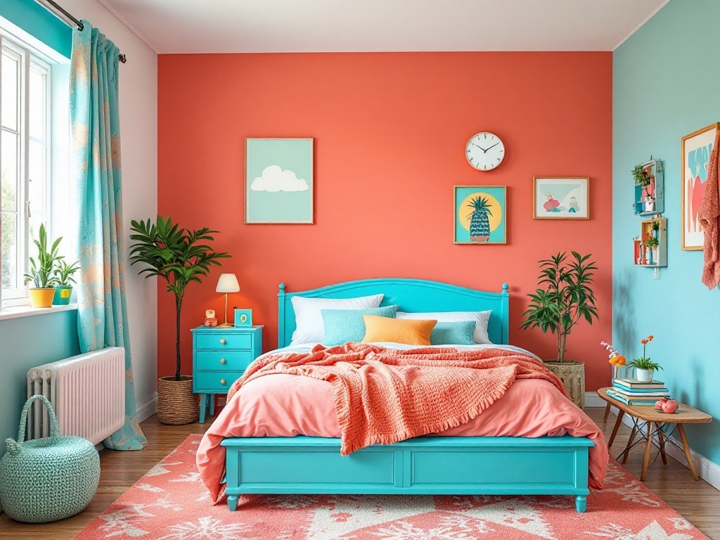 A bedroom featuring coral and aqua color scheme with a bright bed frame, warm textiles, and playful decor.