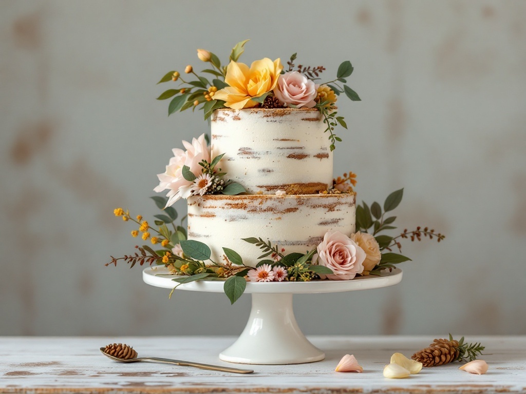 A two-tier boho wedding cake decorated with flowers and greenery on a white cake stand.