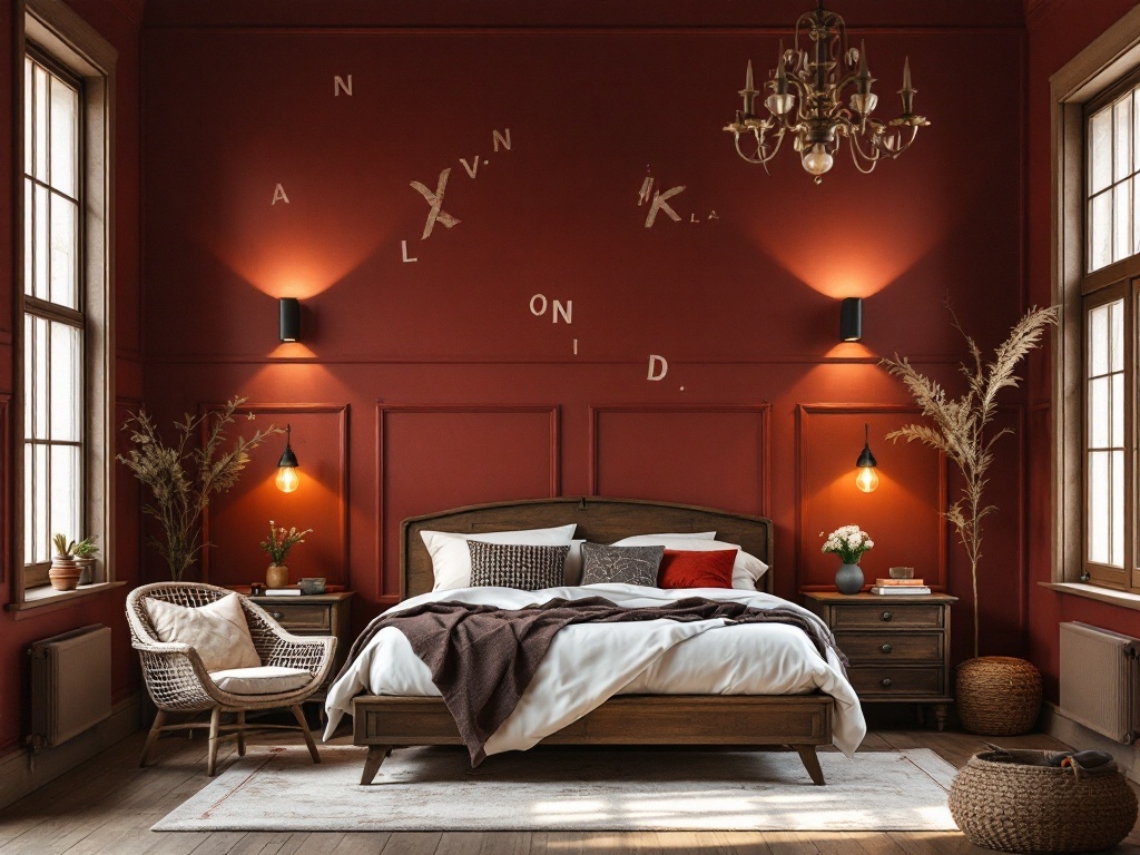 A cozy bedroom with rustic red walls, cream bedding, and wooden furniture.