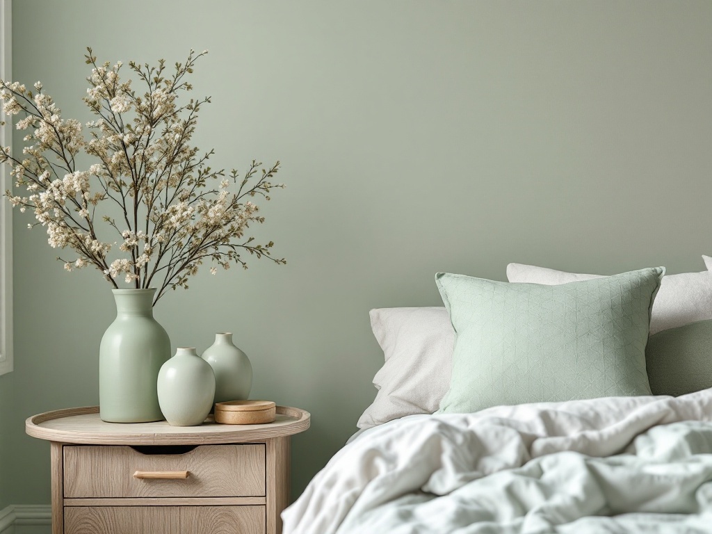 A cozy sage green bedroom with a wooden nightstand, decorative vases, and soft bedding.