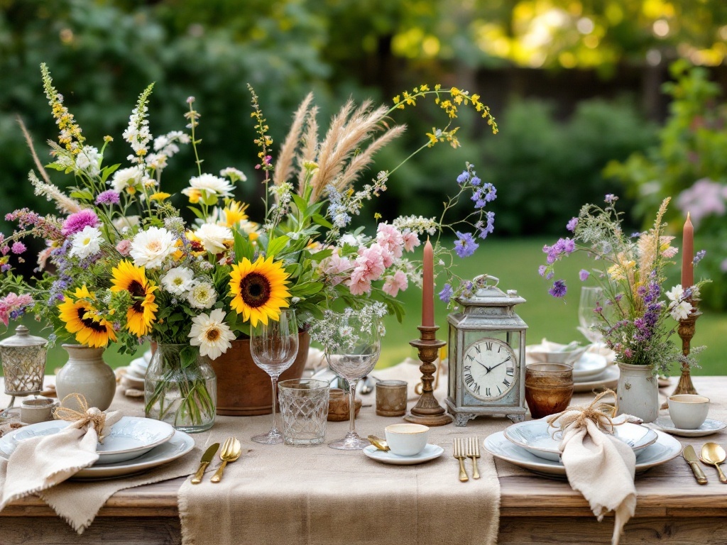 A rustic table setting featuring wildflowers, elegant dinnerware, and candles in a backyard.