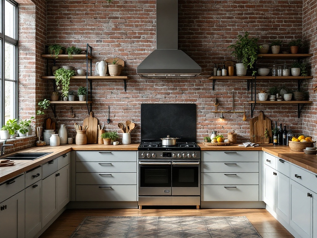 A rustic kitchen featuring exposed brick walls, wooden countertops, and open shelving with plants and kitchenware.