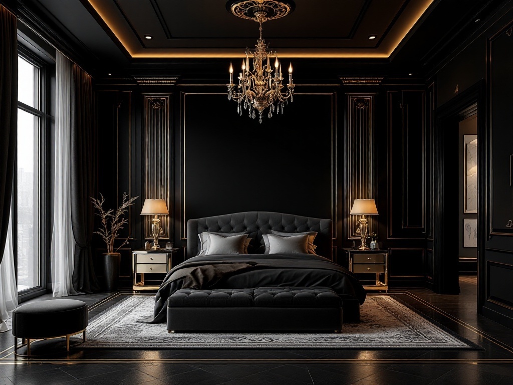 A luxurious bedroom featuring bold black walls and gold accents, with a plush bed and elegant chandelier.