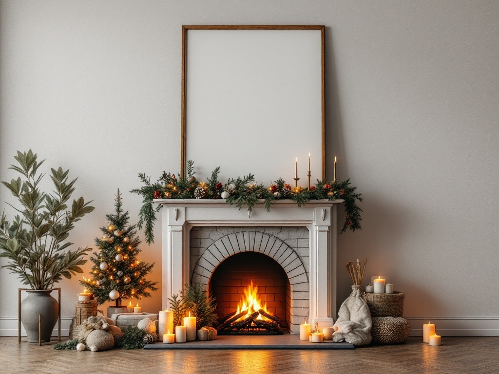 A cozy fireplace decorated for Christmas with candles, a small tree, and greenery.