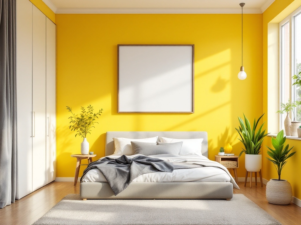 A bright yellow bedroom with gray bedding and plants, showcasing a modern contrast.