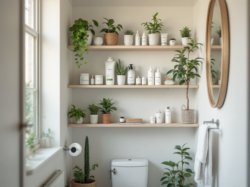 Narrow bathroom with vertical storage solutions featuring plants and toiletries on shelves.