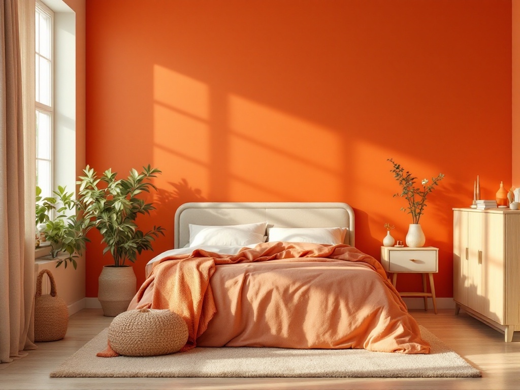 A cozy bedroom featuring sunset orange walls, cream bedding, and green plants.