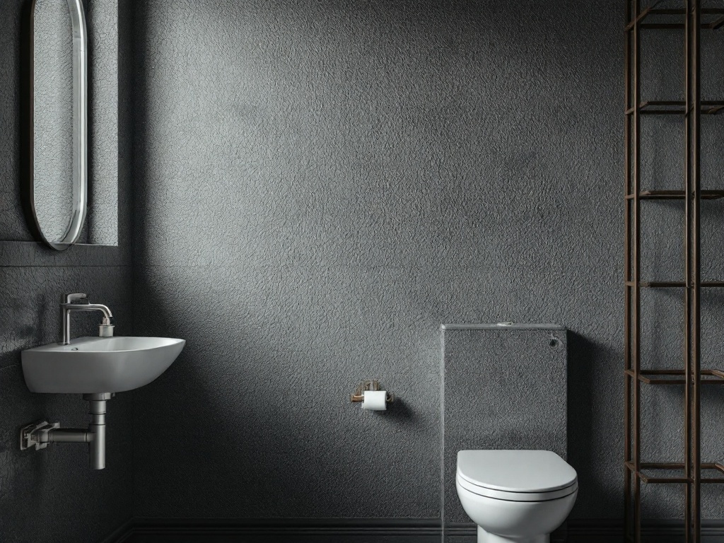 A modern bathroom featuring textured dark walls, a sleek sink, and a mirror.