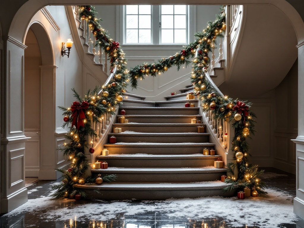 A beautifully decorated staircase for the holidays, featuring garlands, lights, and candles.