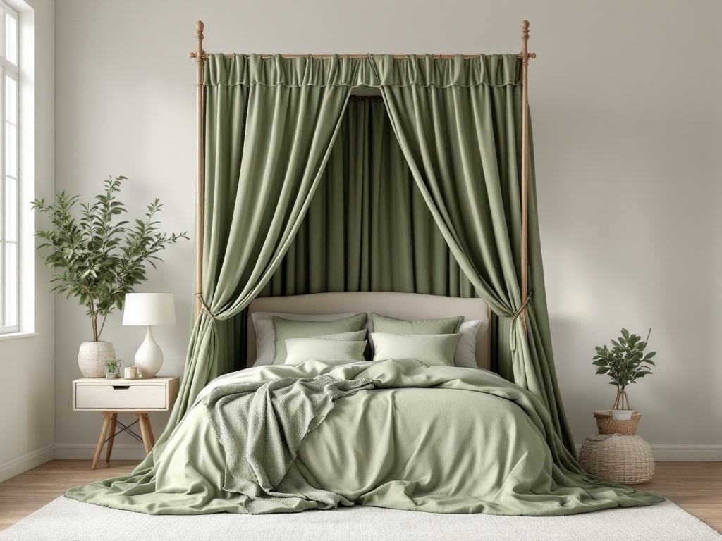 A sage green canopy bed with drapes, layered bedding, and plants in a bright room.