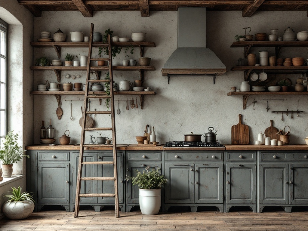 A rustic kitchen featuring a vintage wooden ladder used for storage, with shelves displaying plants and kitchenware.