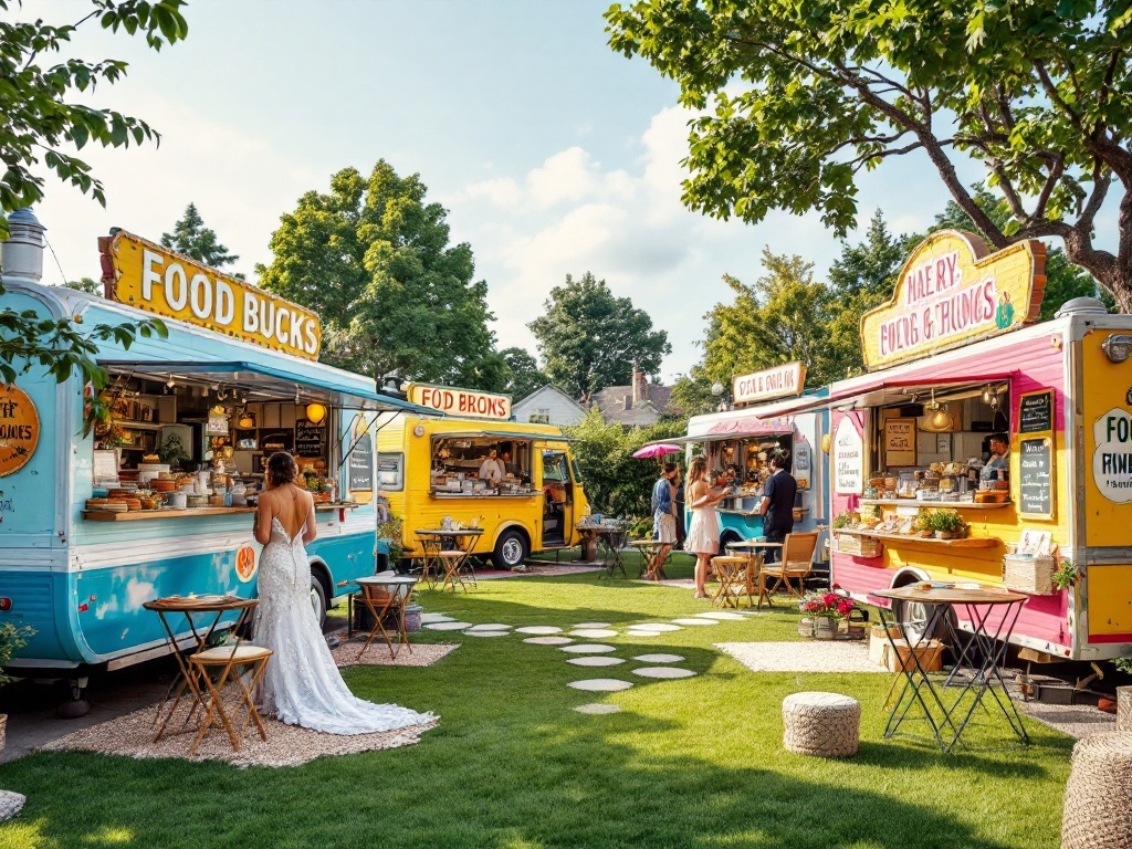 Colorful food trucks set up for a backyard wedding, with guests enjoying casual dining.