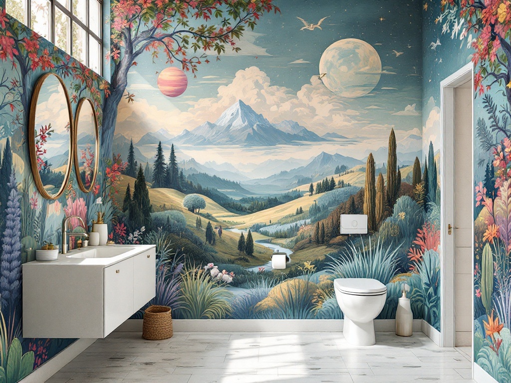 A beautifully designed bathroom featuring a mural of a serene landscape with mountains, trees, and a colorful sky.