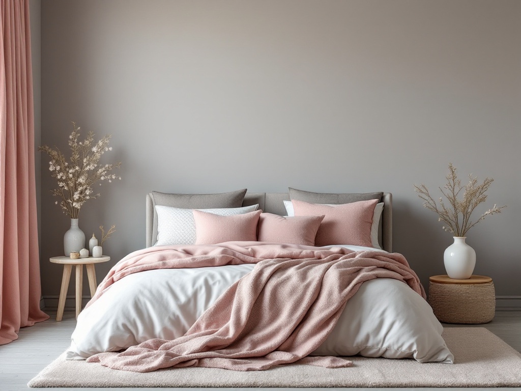 A cozy bedroom featuring soft grey walls and blush accents, with a neatly made bed and decorative elements.