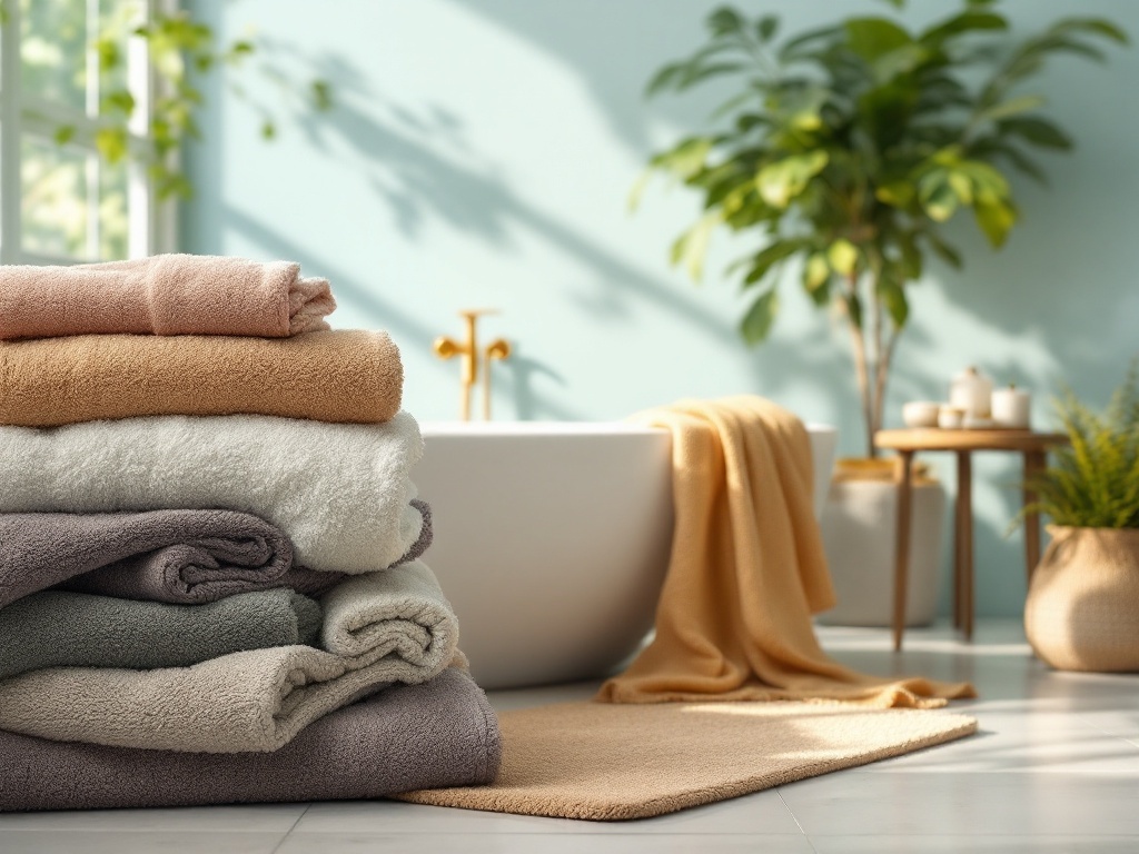 A stack of soft, muted towels in a Mid Century Modern bathroom setting, with a bathtub and plants in the background.