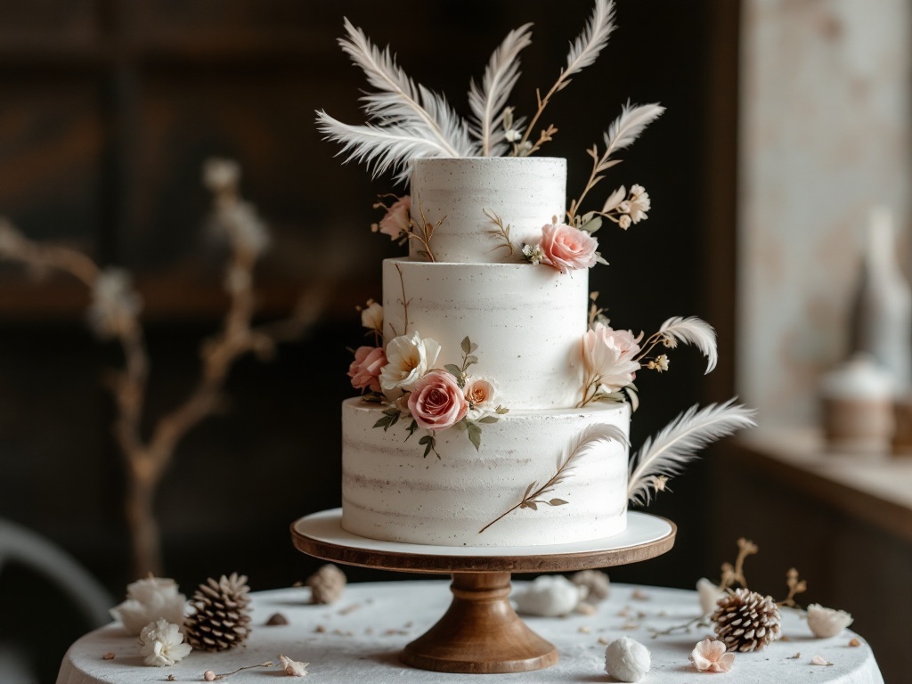A three-tier wedding cake decorated with flowers and feathers, set on a wooden stand.