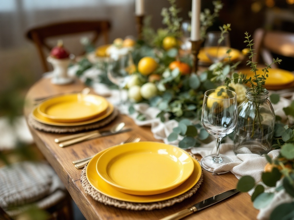 A rustic wedding table setting featuring yellow plates, greenery, and candles.