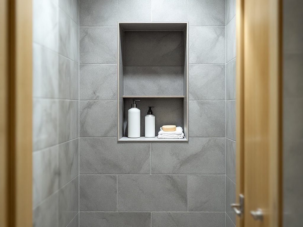 A modern shower niche with neatly arranged toiletries in a narrow bathroom.