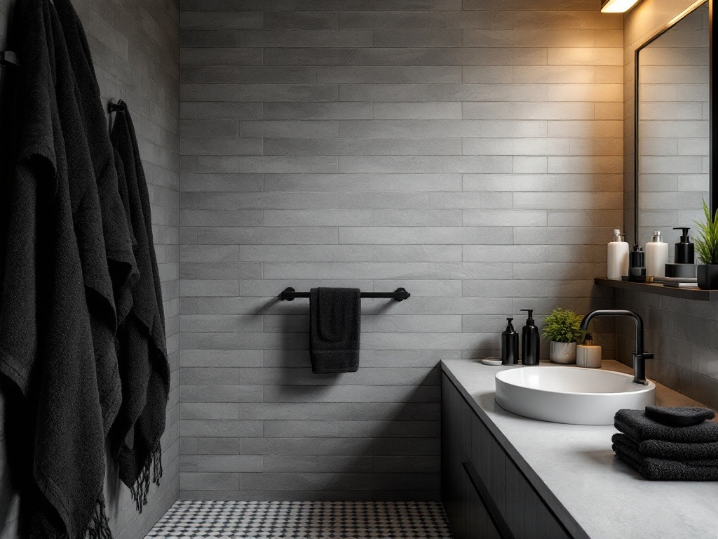 Modern bathroom with black accessories, featuring dark towels, black fixtures, and a stylish countertop.