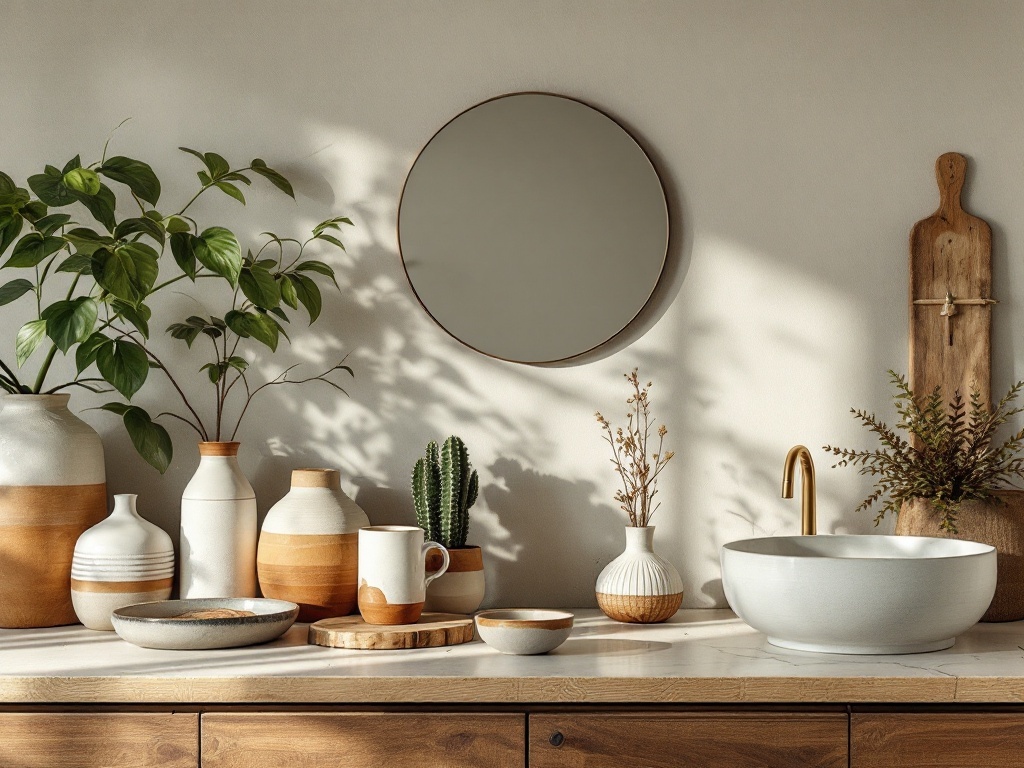 A mid-century modern bathroom decor featuring artisan ceramics, plants, and a round mirror.