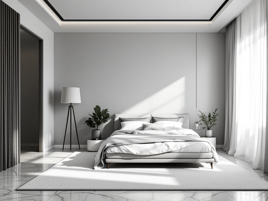 A modern bedroom featuring gray walls, white bedding, and natural light