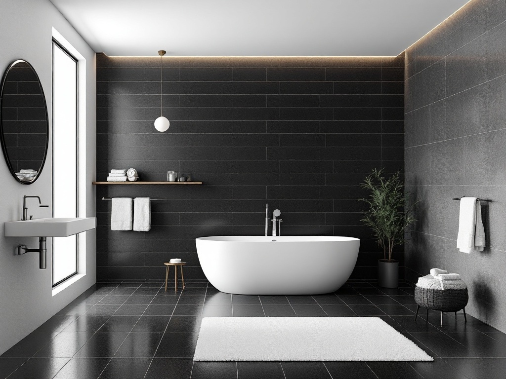 Modern bathroom featuring bold black tiles, a white bathtub, and natural light.