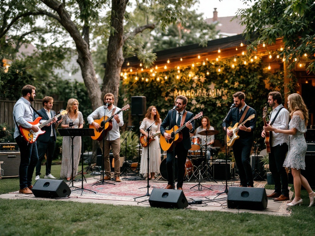 A lively band performing at a backyard wedding with string lights and greenery.