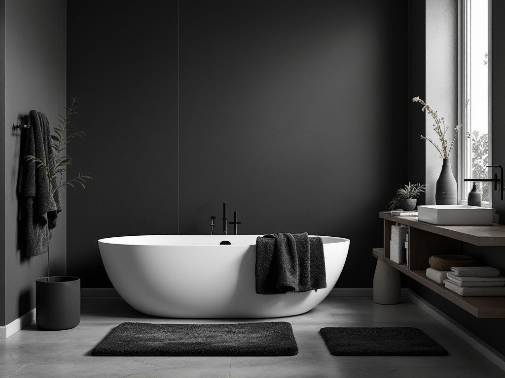 Modern bathroom with black walls, white freestanding tub, and natural elements.