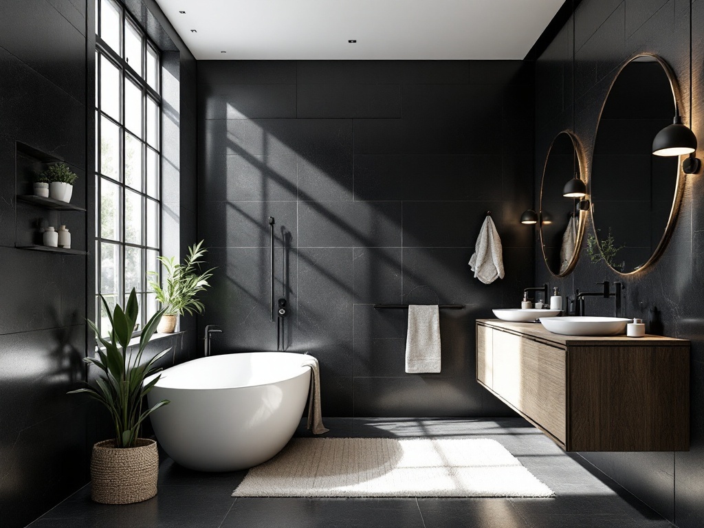 A modern bathroom featuring black walls, large windows, a white freestanding tub, and wooden vanity.